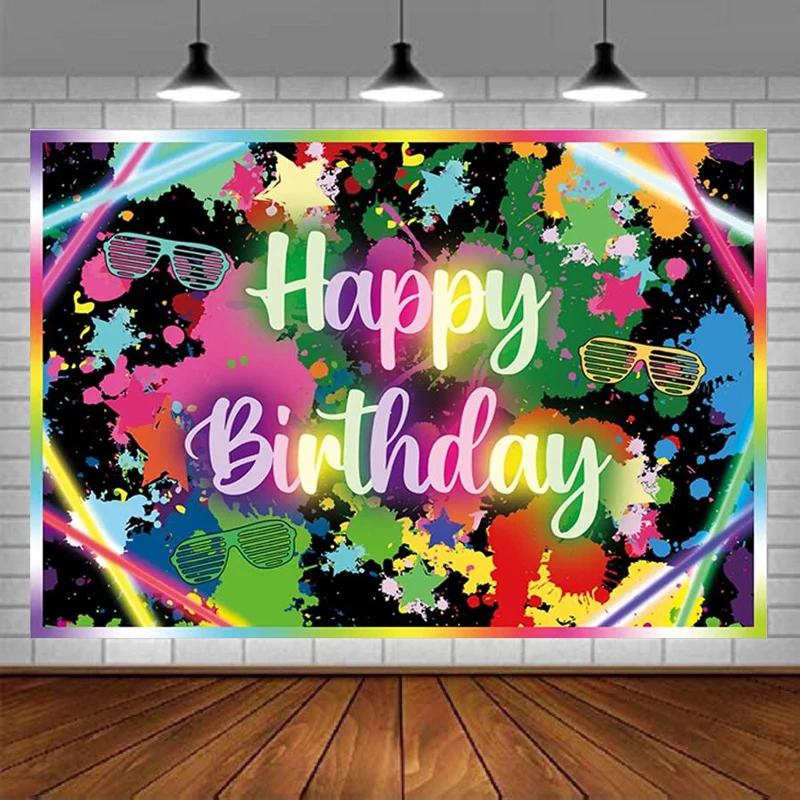 Neon Let's Glow In The Dark Birthday Photography Backdrop Party Colorful Graffiti Abstract Splash Painting Disco Background