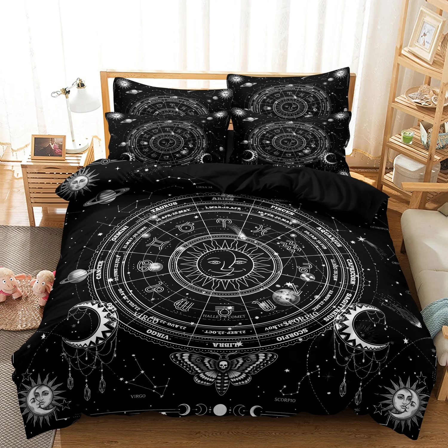 Black White Celestial Sun Moon Zodiac Constellation 3 Pieces Duvet Cover Set, Planet Moth Star Chart Print Duvet Cover
