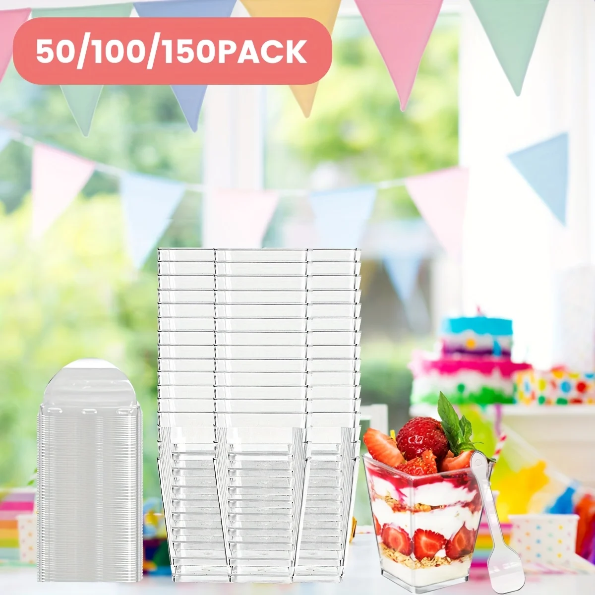 

50/100/150pcs Per Pack, Disposable Square Mousse Cake Cups, Transparent Plastic Cups with Lids And Spoons, Baking Accessorie