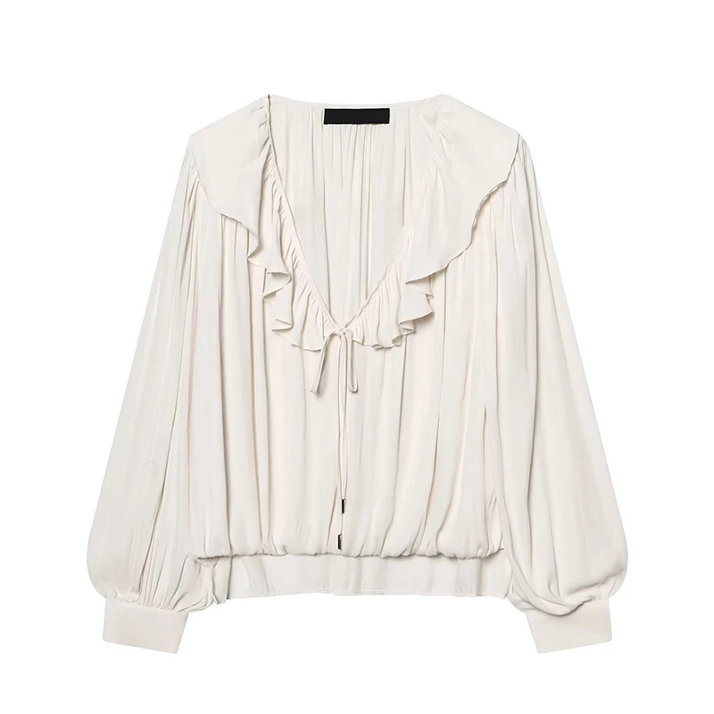 

YENKYE 2026 New Arrival Women's Layered Ruffle Satin Shirt V Neck Tie Front Long Puff Sleeve Pleated Loose Blouse