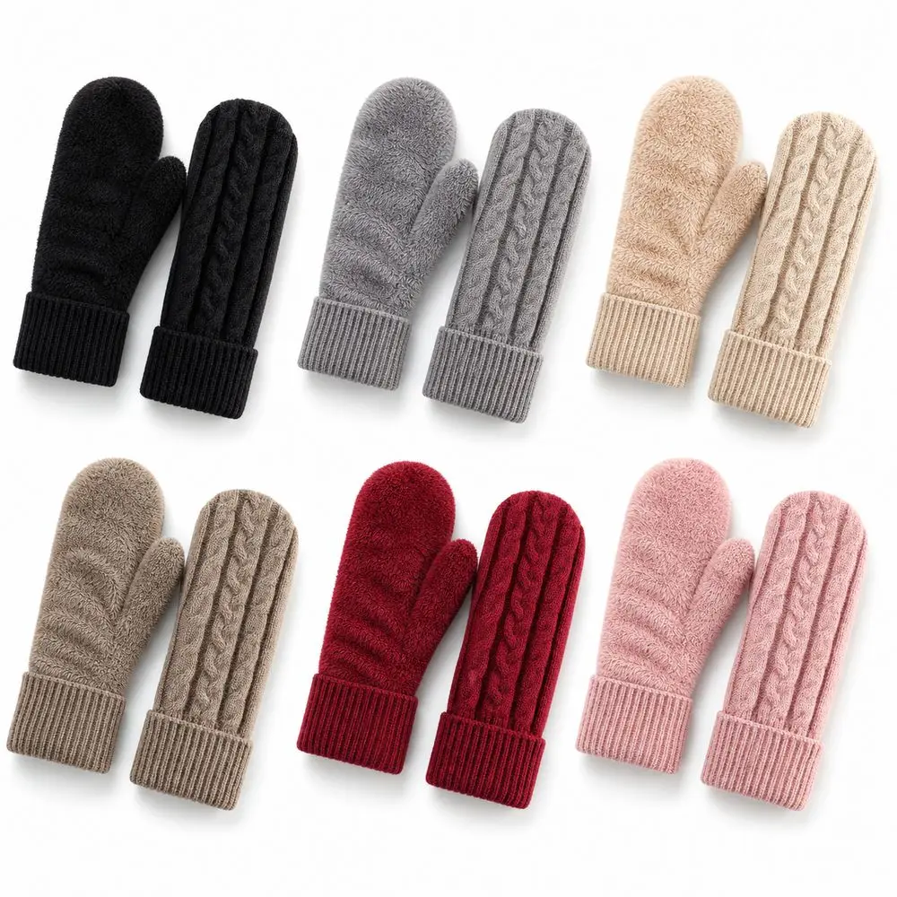 New Knitted Winter Mittens Lined Double Layer Thermal Mittens Ribbed Cuffs Cable Knit Padded Fingerless Gloves Winter Cycling