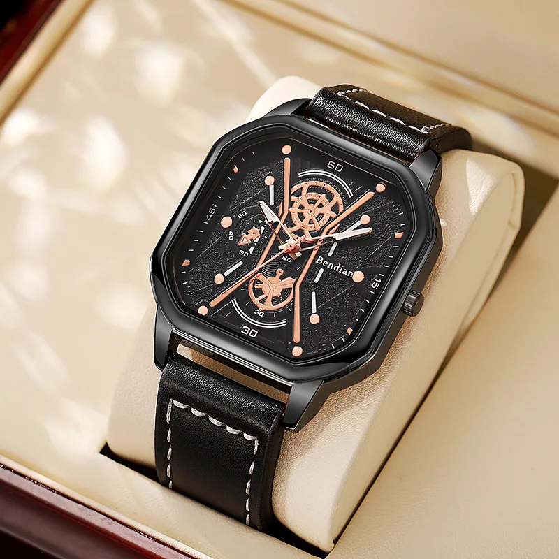 

Модные квадратные мужские часы с большим циферблатом, роскошный кожаный ремешок, спортивные кварцевые часы, повседневные мужские наручные часы, подарки Montre Homme