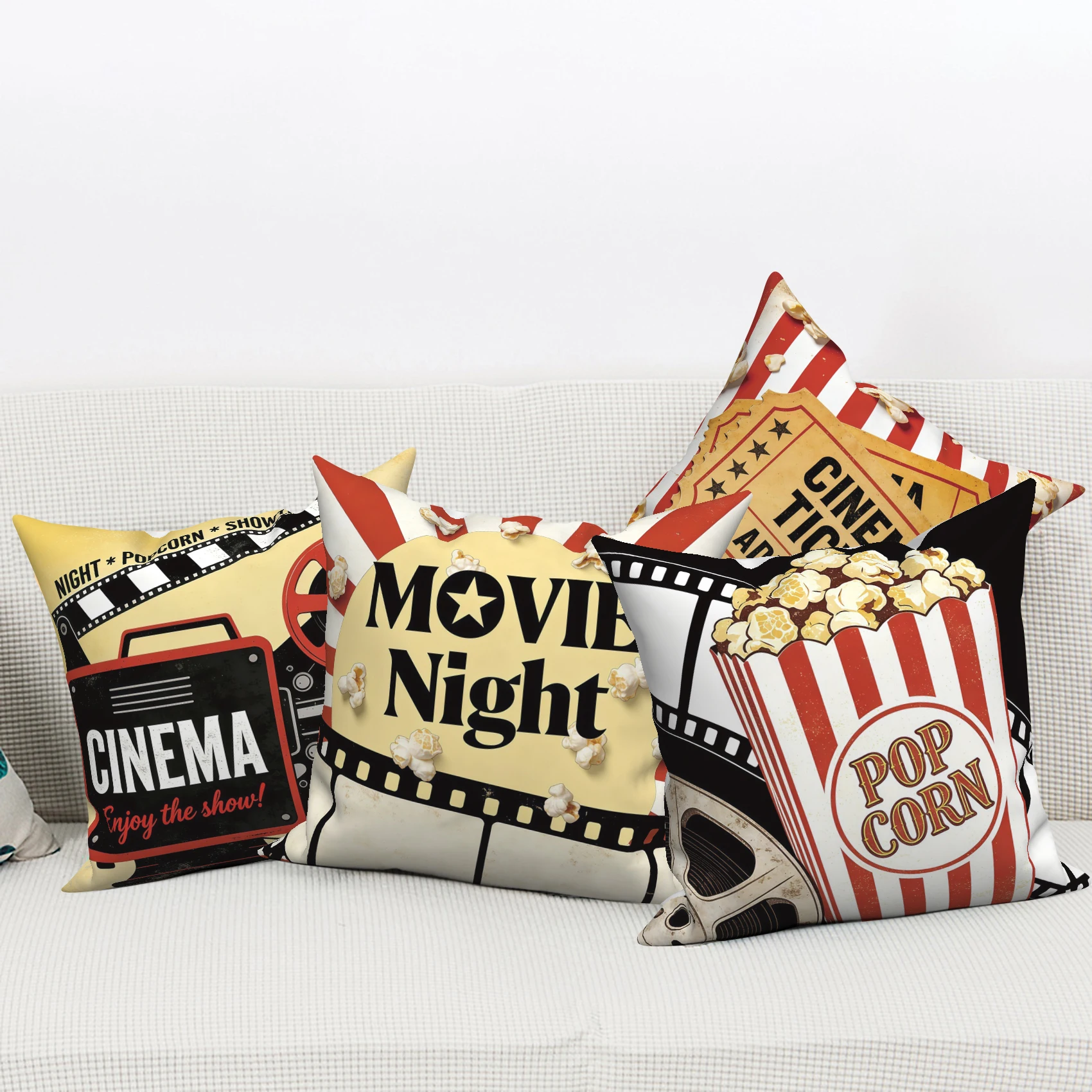 4pcs Retro Movie Night Pillow Cover Vintage Cinema Popcorn Film Reel Polyester Linen Fabric Pillowcases for Home Theater Decor