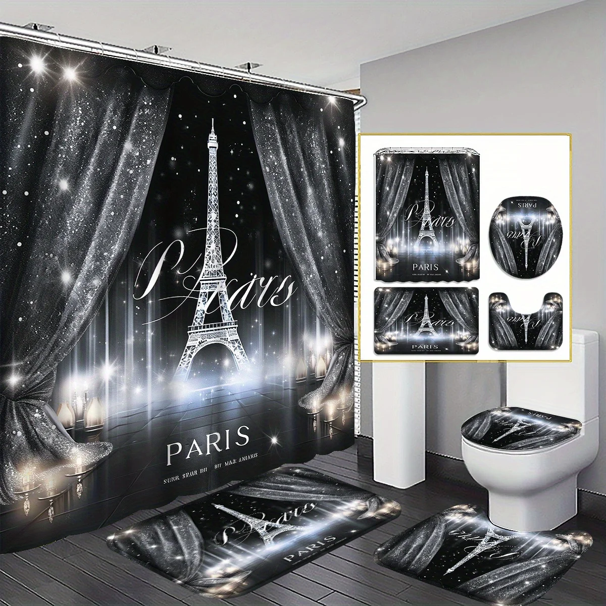 

4 шт., французский сверкающий Париж, Эйфелева башня, мигающий свет, роскошный узор, набор занавесок для душа, занавеска для ванной комнаты, декор для ванной комнаты