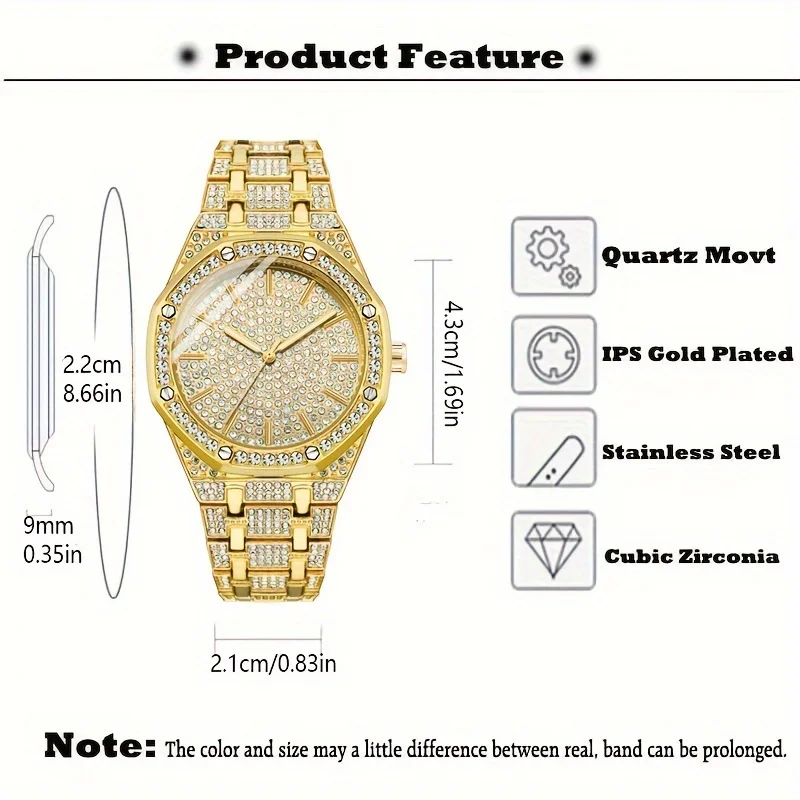 New Quartz Men\'s Watch Fashion Simple Lnlaid Faux Diamond Large Dial Automatic Calendar Business Steel Band Wristwatch