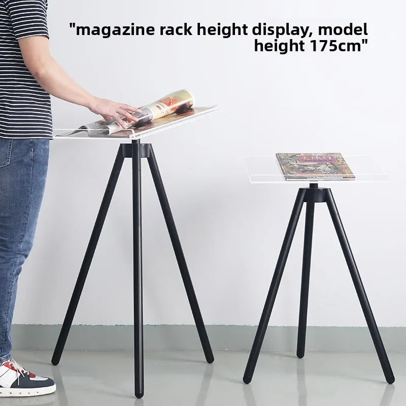 Minimalist Acrylic Rack ,Metal Tripod Floor Display Stand,Durable Shelf for Hotel Brochures, Bookstore Reading Display Table