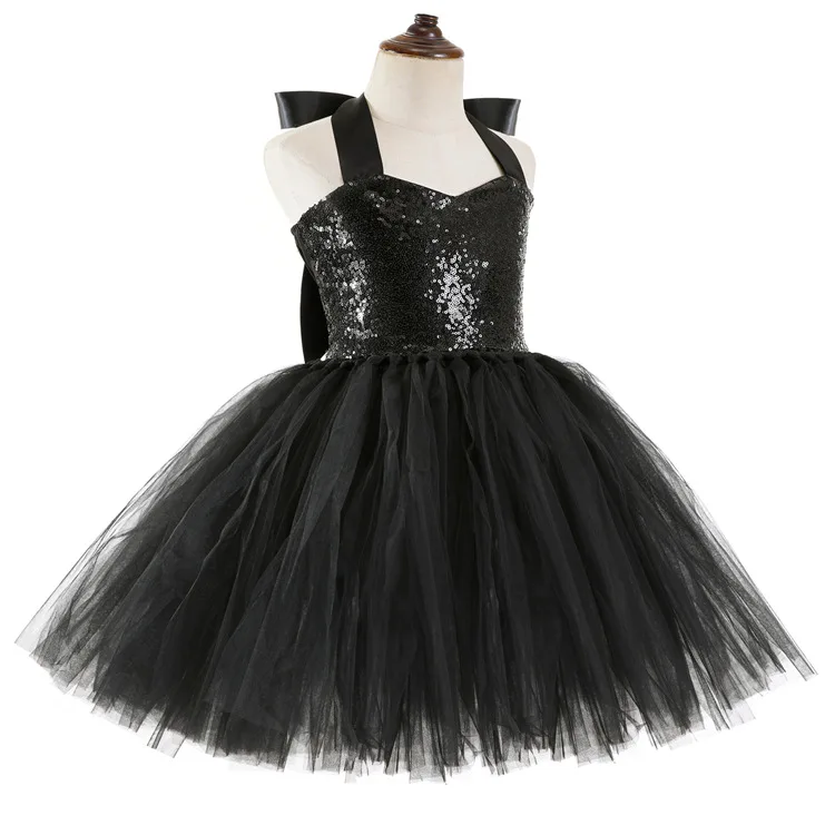 Robe de Princesse à Paillettes Noires, Costume d'Halloween, Tutu, Couleur Unie, à la Mode