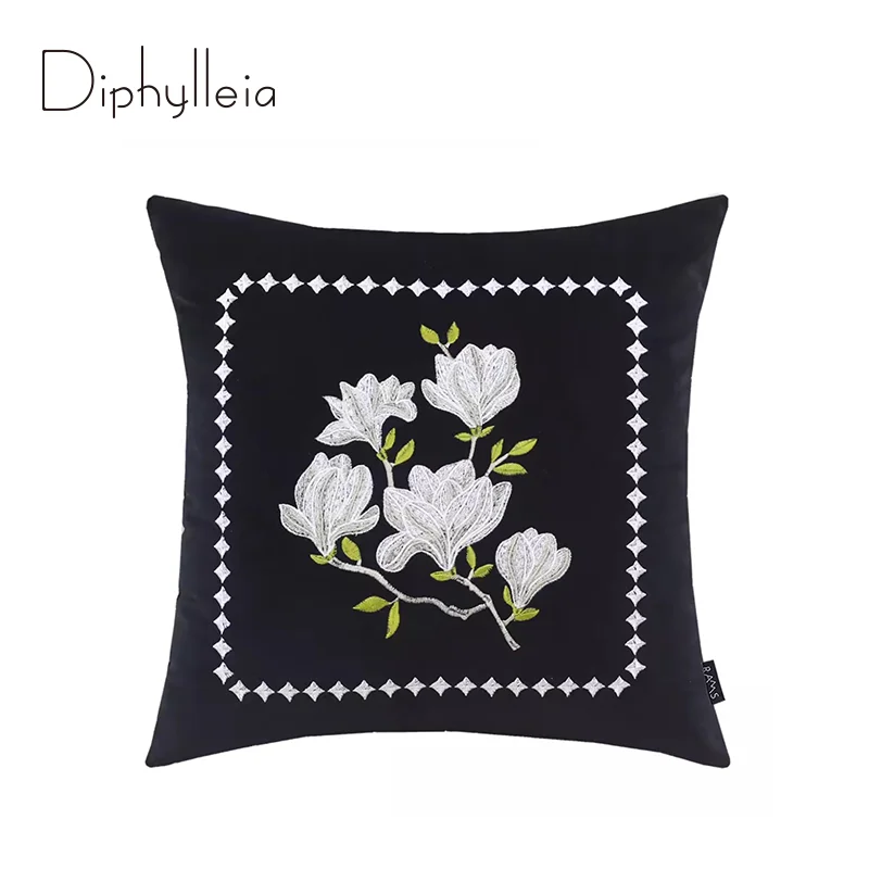 Diphylleia Magnolia Floral Embroidered Throw Pillow Cushion Cover French Nature Essence Beauty Blooms Accent Pillow Case 50x50cm