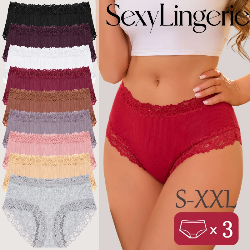 3-teiliges Set Hochgeschnittene Baumwoll-Slips für Damen Nahtlose Einfarbige Komfortable Unterhosen Damen-Spitzen-Sexy-Dessous Neue Kollektion