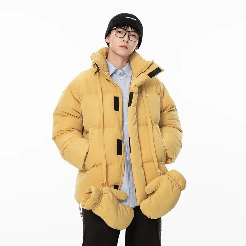 

Fashion Men's Bread Jacket With Glove Winter Solid Stand Collar Parka Men Women Warm Thicken Loose Outwear Parkas Windproof Coat