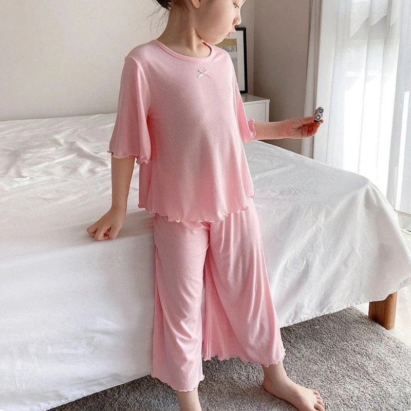 Girls New Chinese Style Loungewear Set Loose Fit Breathable Medium Sleeve Top Cropped Pants Summer Air Conditioning Wear