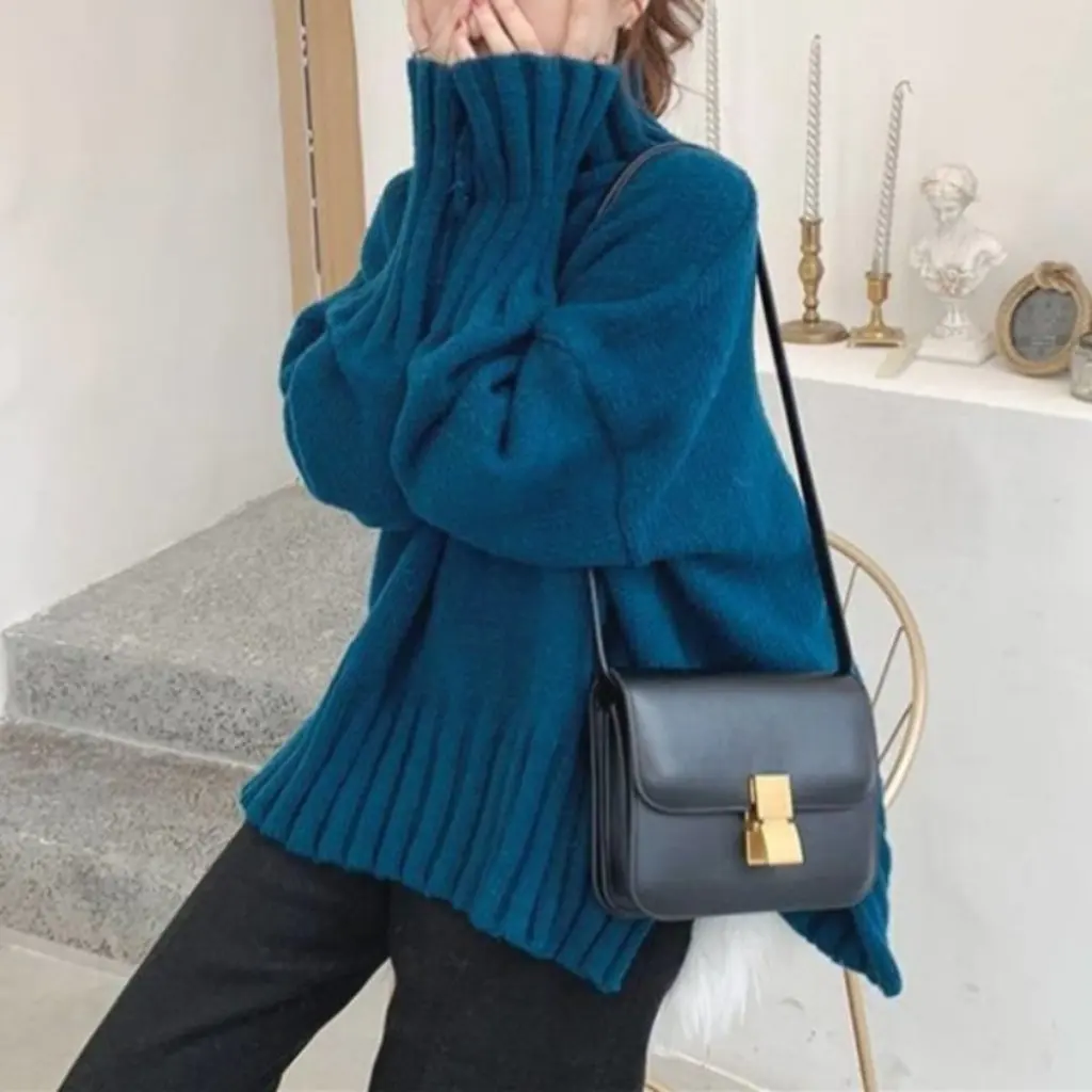 

Women's High Collar Korean Style Solid Color Pullover Sweater Long Sleeve Slim Loose Bottoming Shirt for Autumn Winter