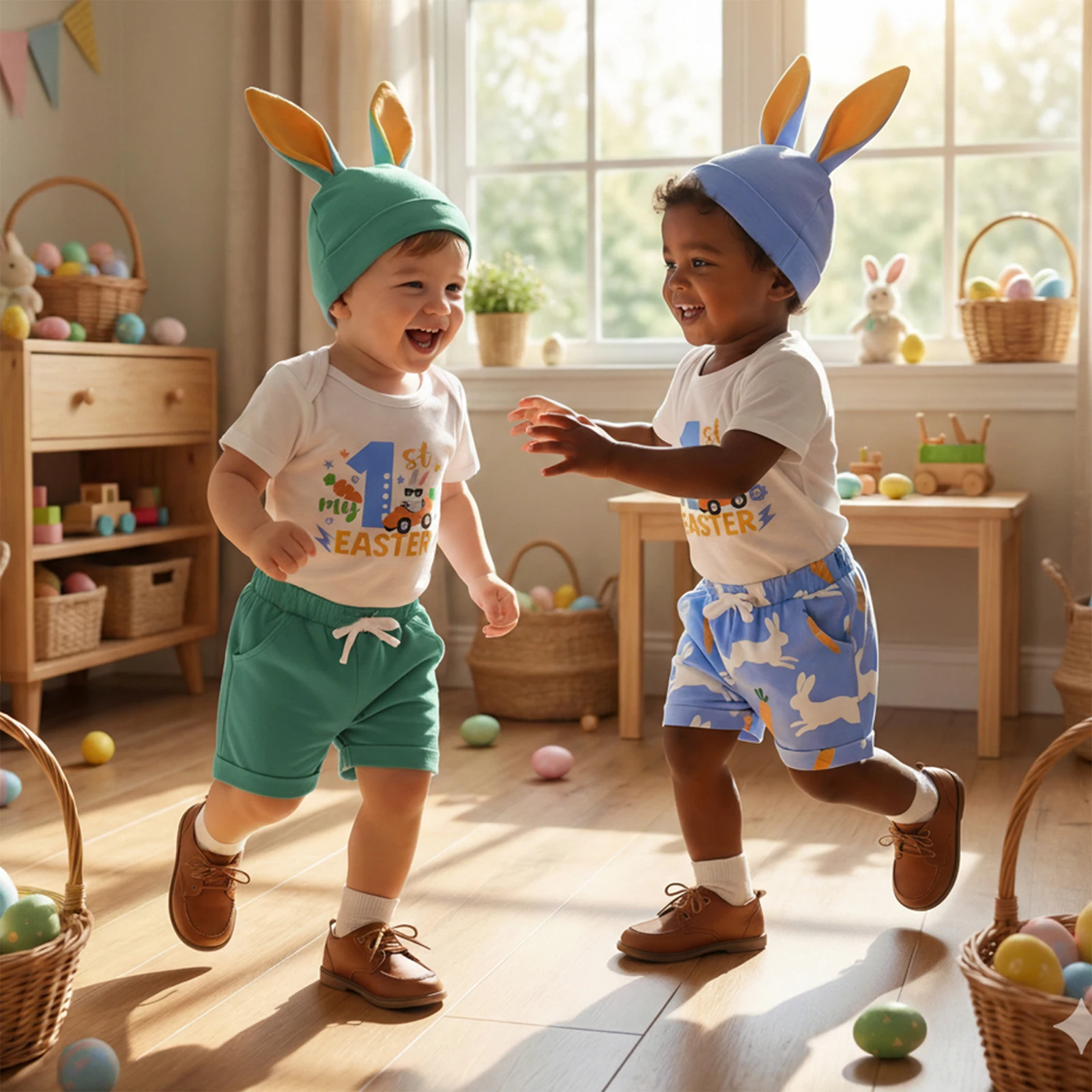 Infant Baby Boys Easter 3Pcs Outfits Short Sleeve O-Neck Letter Carrot Bunny/Tractor Egg Print Romper Drawstring Shorts and Hat