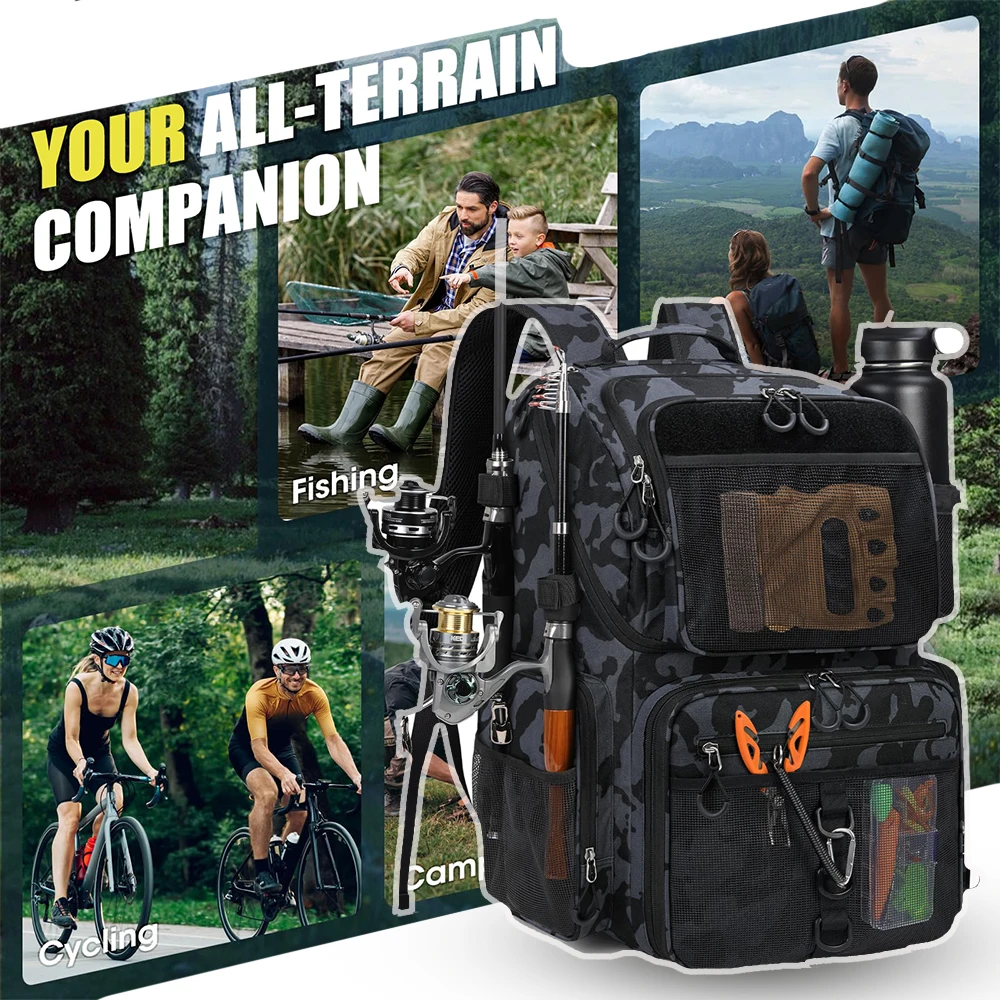 

Tactical 45L Fishing Backpack Large Water Resistant Fishing Tackle bag Packet with Rod Holders Rain Cover Store Fishing Gear
