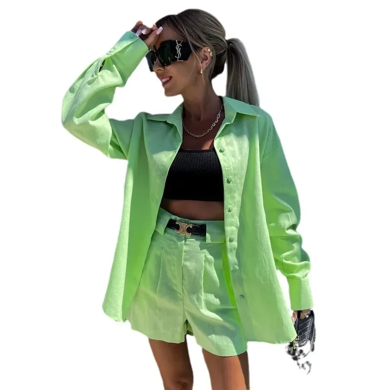 Short Sets Two Pieces Shorts Sashes Long Sleeve Matching Sets Women Blouses Single Breasted Solid Loose Fit Button Basics