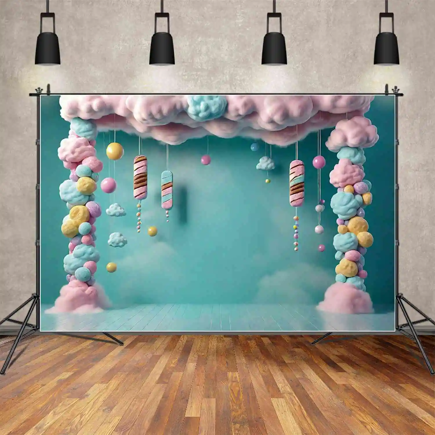 

MOON.QG Candy 3D First Birthday Backdrop Boy Clouds Blue Sky Doughnut Backgrounds Customized Party Decoration Photocall Props