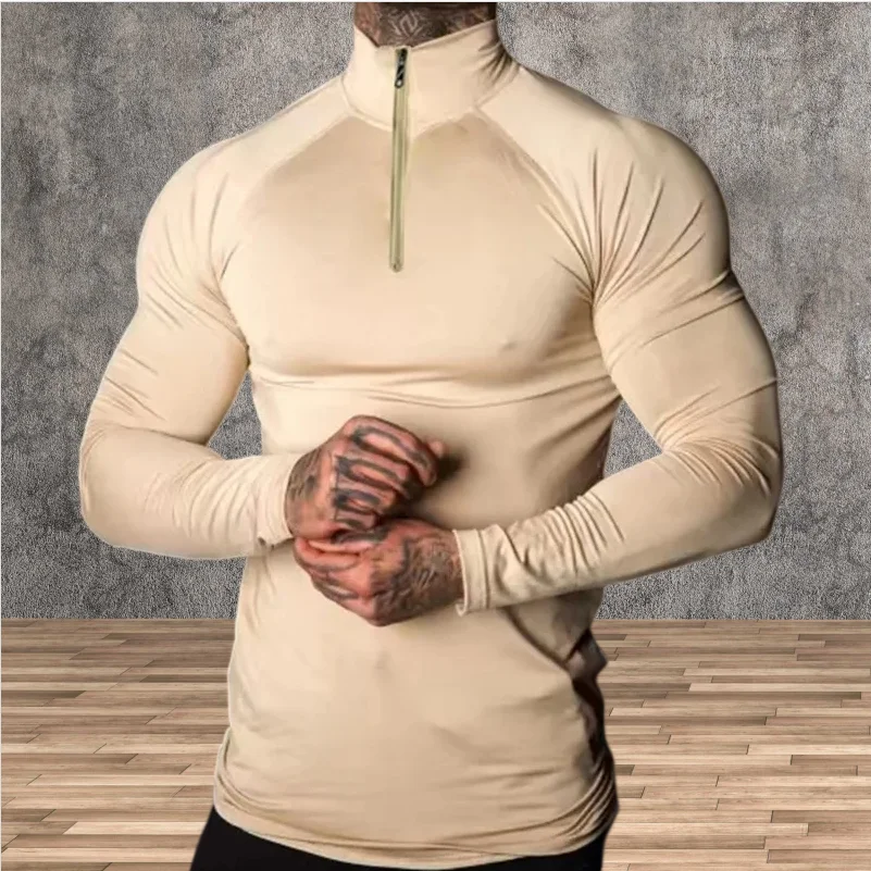 Men Tight T-shirt Gym Running Exercise Elastic Long Sleeves Sweatshirt half zip High neck Tops Fitness Compression Sport T-shirt view 2