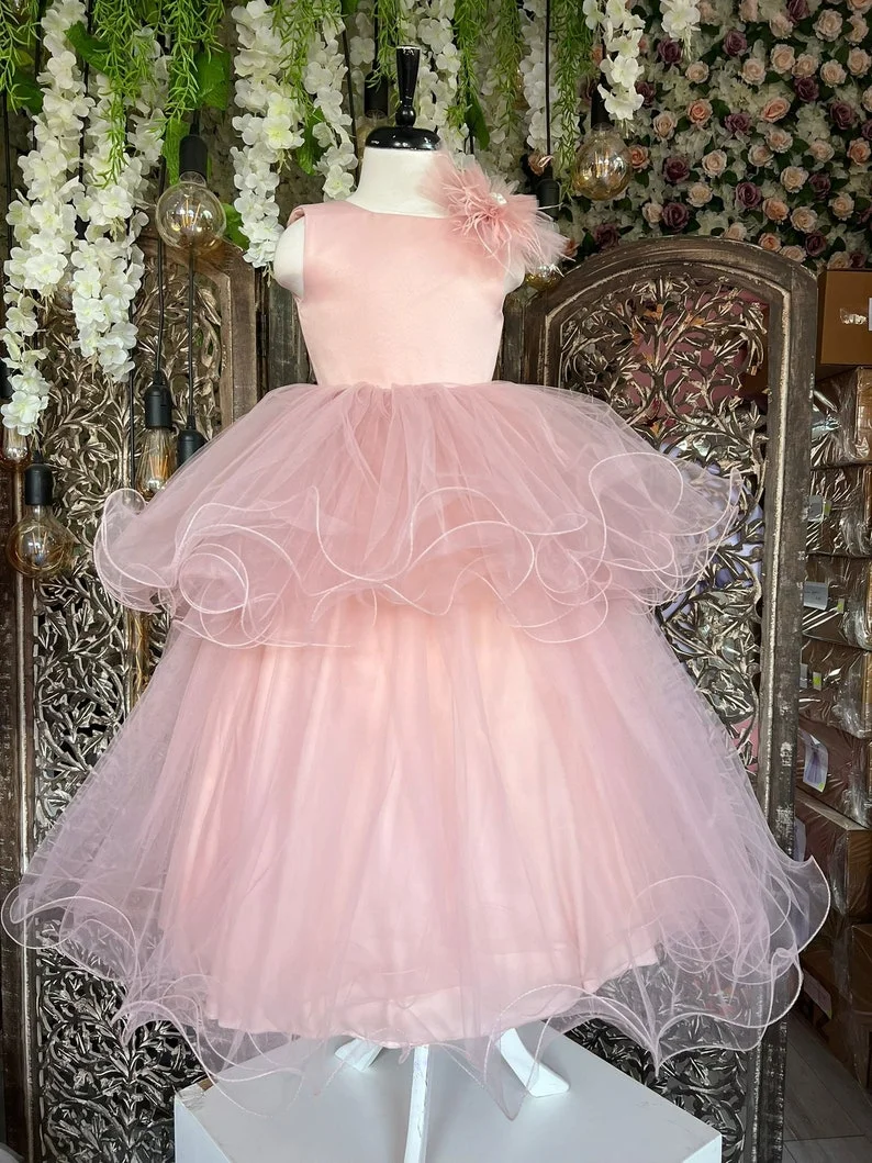 

Pink Fluffy Tulle Flower Girls Dress Bow Formal Evening Dresses Tulle Lace Kid Birthday Gift Wedding For Bridesmaids Party