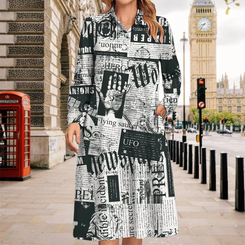 

Fashion Newspaper Style Women's Shirt Dress Vintage Street Long Sleeve Shirt For Woman Lapel Oversize Women Clothes