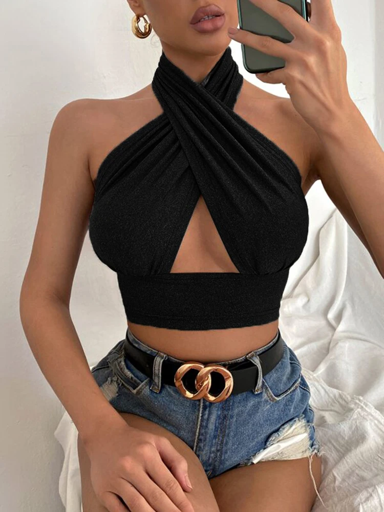 Phụ Nữ Mùa Hè Xe Tăng Cao Cấp Gợi Cảm Màu Chéo Cột Dây Cổ Đẩy Lên Rỗng Crop Top 2022 Thời Trang Mới