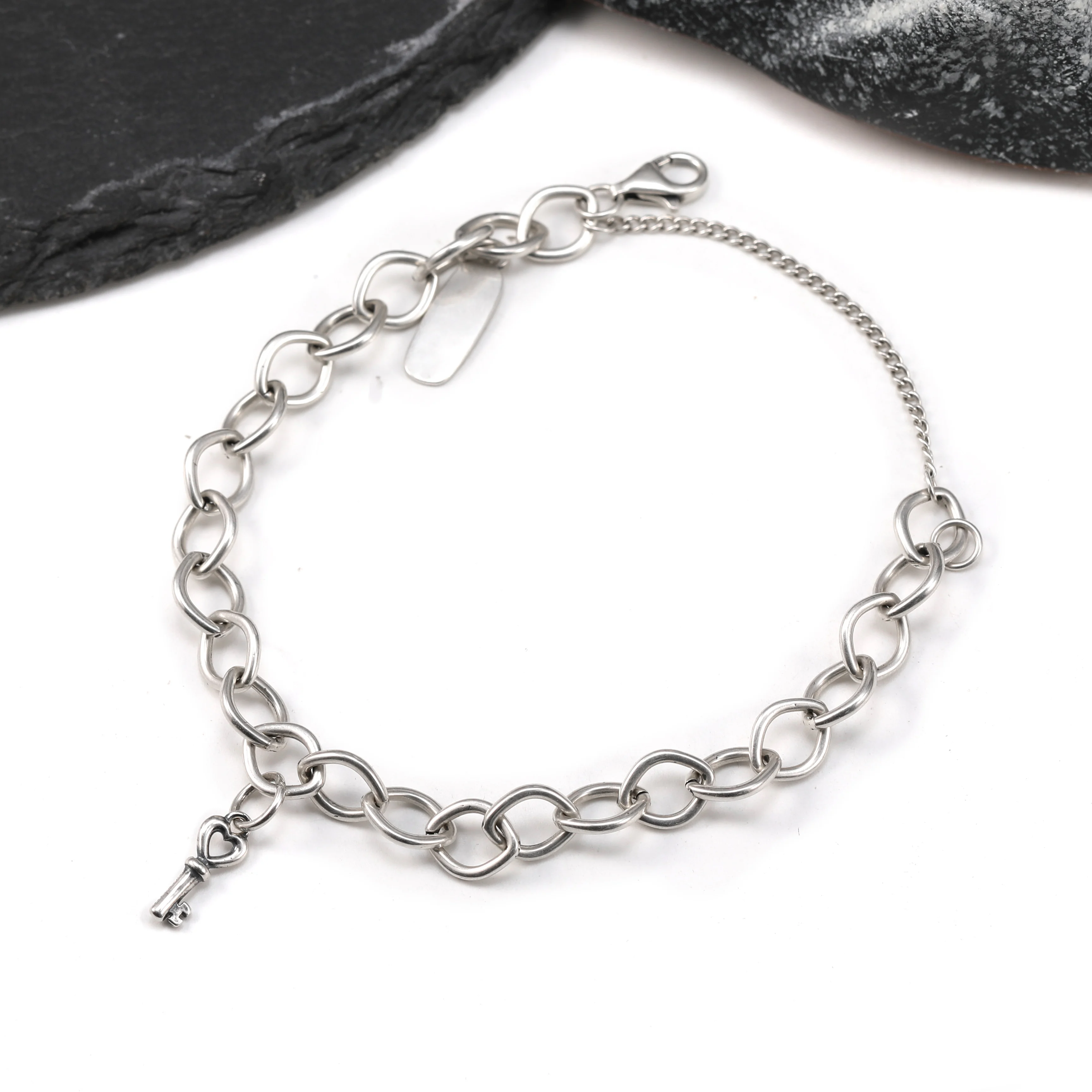 

Genuine 925 sterling silver Forged Link Charm Bracelet paired with Mini key pendant