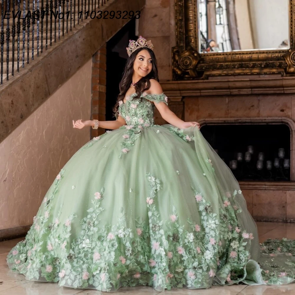 

EVLAST индивидуальное бальное платье принцессы мятного цвета, платье Quinceanera, корсет с 3D цветочной аппликацией и бисером, Sweet 16, Vestidos De 15 Anos E1Q739