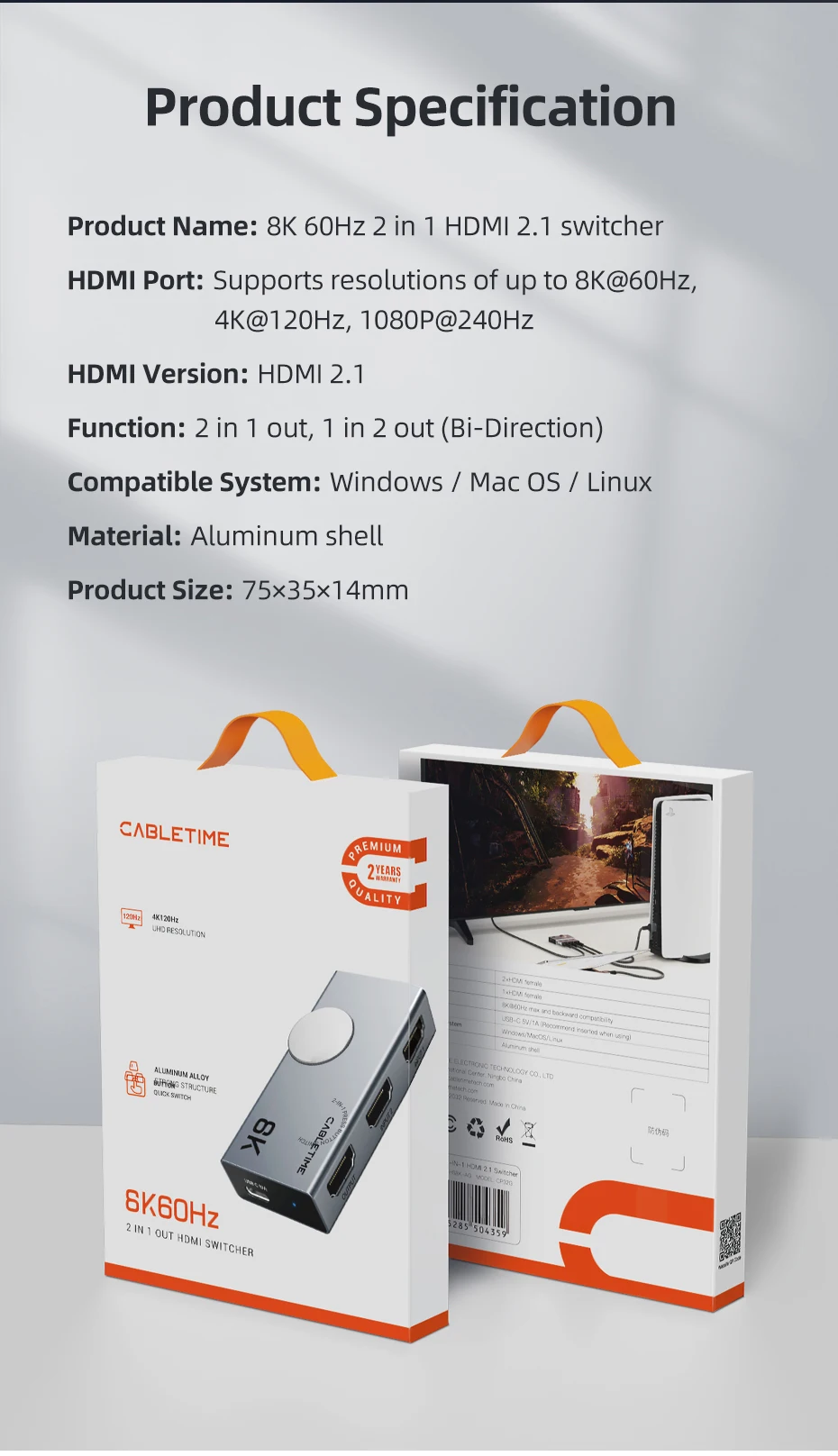 CABLETIME HDMI Splitter 8K 60Hz 4K 120Hz 2-in-1 Umschalter 3D Vision Aluminium-Knopf-Design Adapter für Laptop Macbook Pro Lenovo – Detail 12