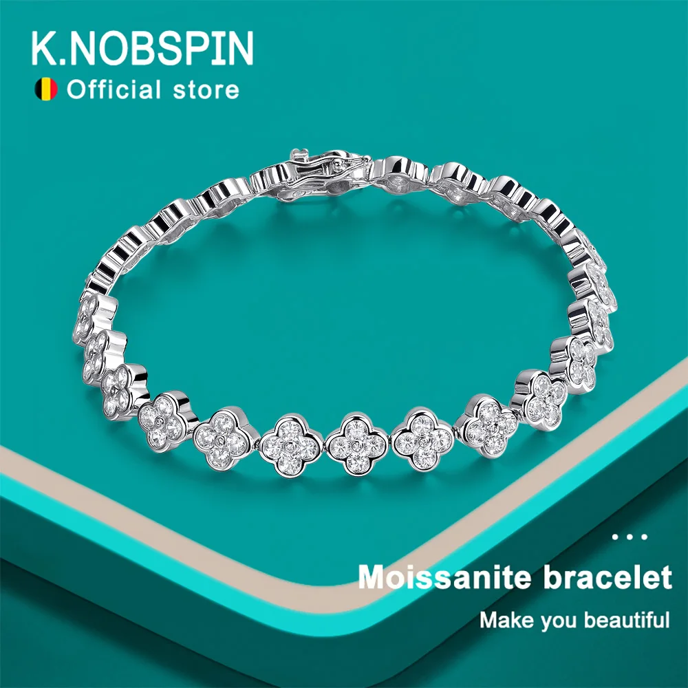 

KNOBSPIN D VVS1 Moissanite Tennis Bracelet 2mm Diamond GRA Certified s925 Sterling Silver Four Leaf Clover Bracelets for Women