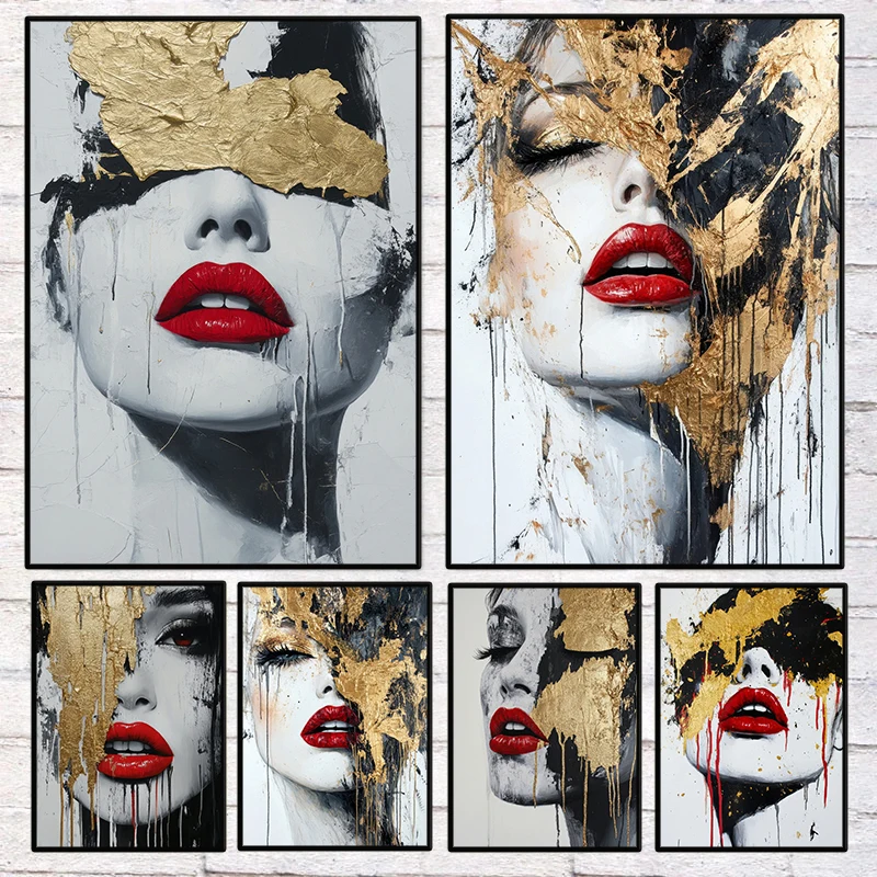 Fashion Golden Abstract Portrait Red Lips Poster Modern Sexy