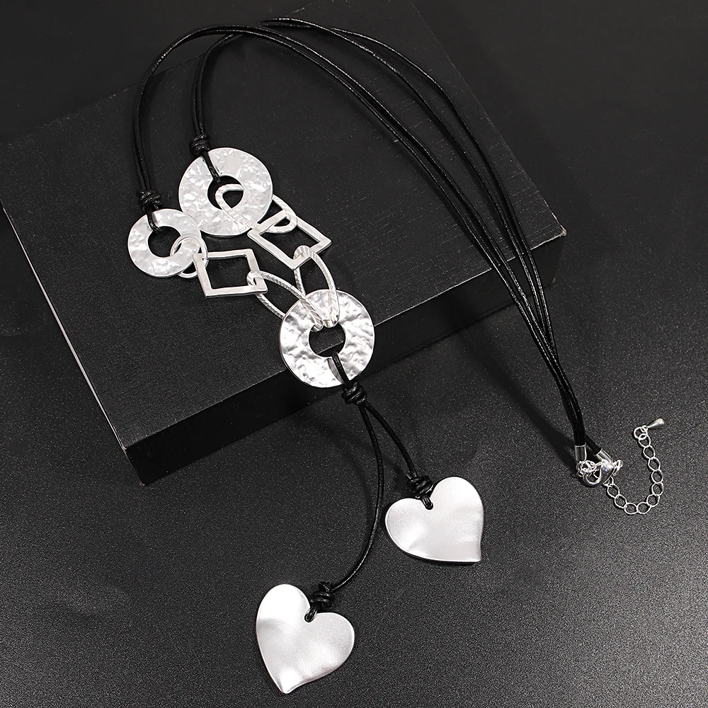 

Amorcome Trendy Geometric Round Love Heart Long Pendant Necklace for Women Retro Adjustable Leather RopeNecklace Sweater Chain