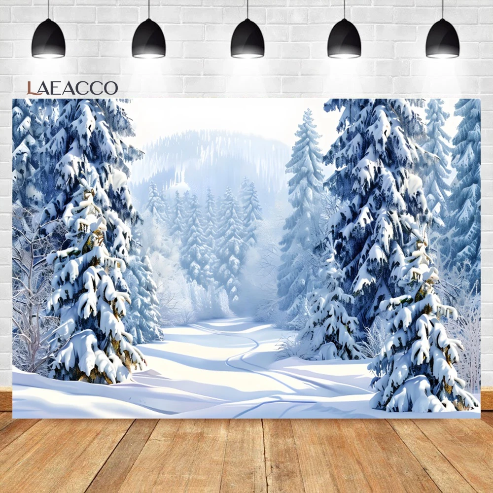 Laeacco Winter Wonderland Backdrop Snow Covered Pine Trees Winter Forest Landscape Christmas Portrait Photography Background