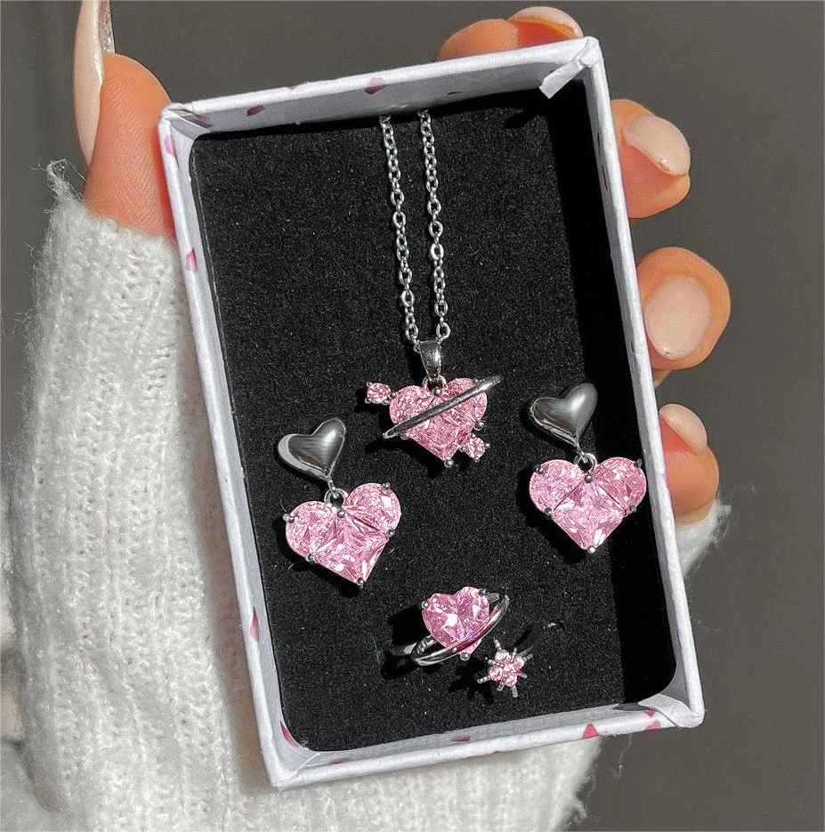 4 Pieces Love Pink Diamond Sweet Earrings Necklaces And Rings Jewelry Set Lightweight And Versatile For Women Mother's Day Gifts