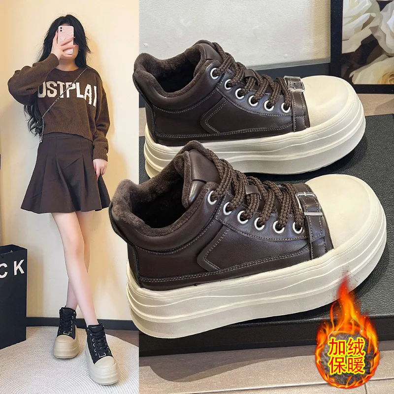 

2025Metal Buckle Genuine Leather Big Toe Lace-Up Thick-Soled Platform Loafers Casual Sneakers for Petite Women