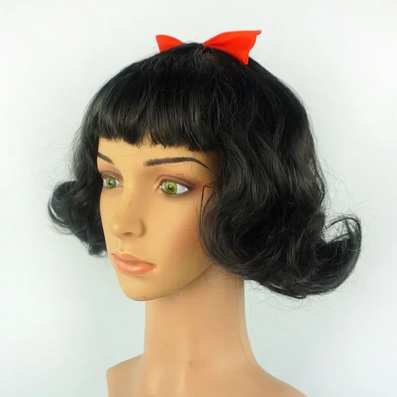 Volwassen Vrouwen Korte Bob Wave Black Cosplay Pruik Met Strik Sneeuwwit Rollenspel Halloween Kostuum Pruik Anime Party Pruik