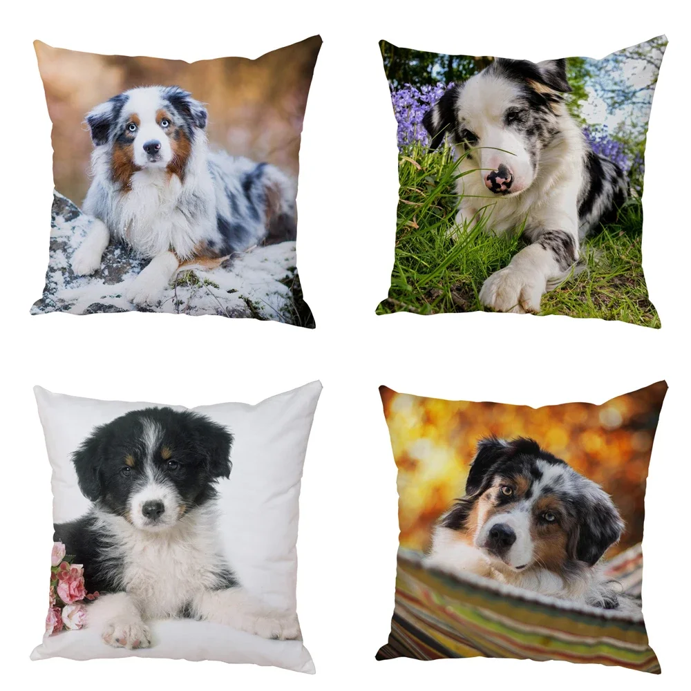 Cute Dog Pillow Case Peach Skin  Australian Shepherd Thorw Pillowcase for Sofa Home Car 45x45cm Decor Pet Animal Cushion Cover