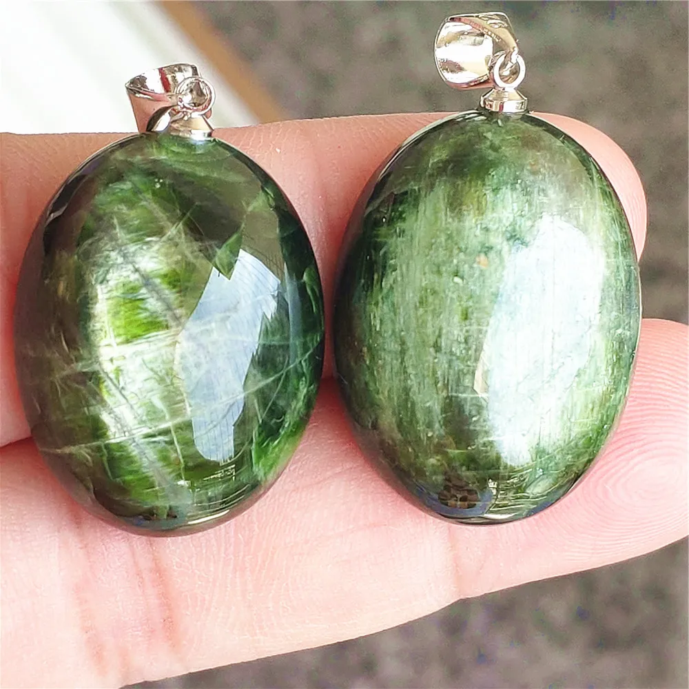 

Natural Green Diopside Oval Pendant Necklace Jewelry Cat Eye Rare Diopside Women Men AAAAAA