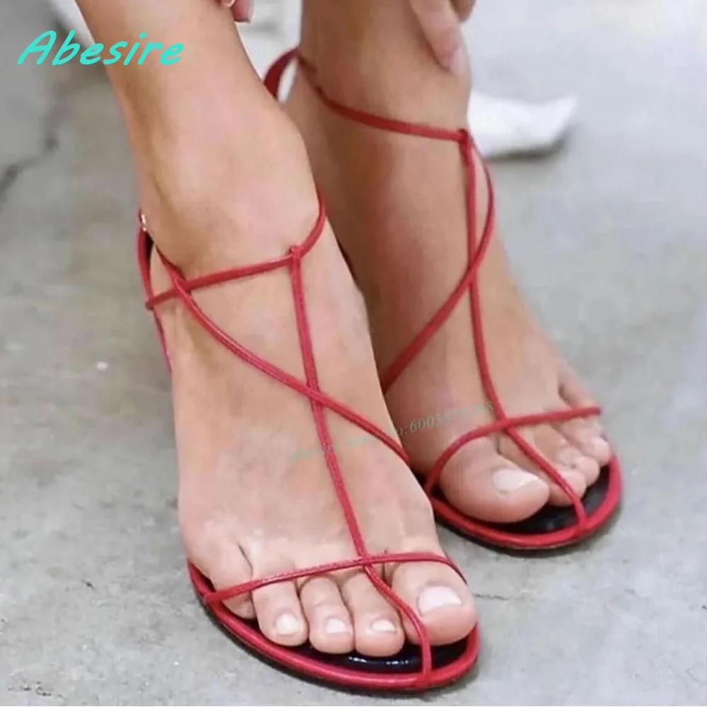 Red Narrow Band Patchwork Hollow Out Sandals Round Toe Thin Heels T-Tied Shoes for Women Summer Spicy Girls Romantic Daily Shoes