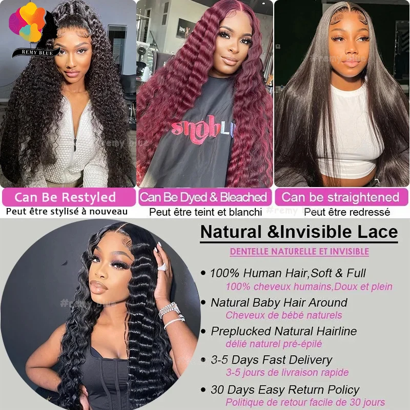 Perruque Lace Front Wig Deep Wave brésilienne naturelle, cheveux lisses, pre-plucked, 13x4, transparent adt, pour femmes