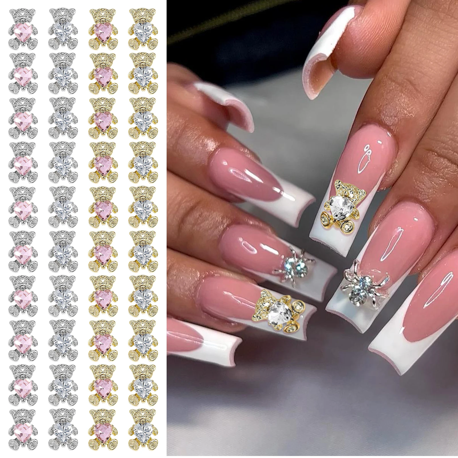 10 個クマ型合金ネイルジュエリーゴールデンスライバークマピンクゴールドホワイトラインストーンアート装飾マニキュア DIY Accessori