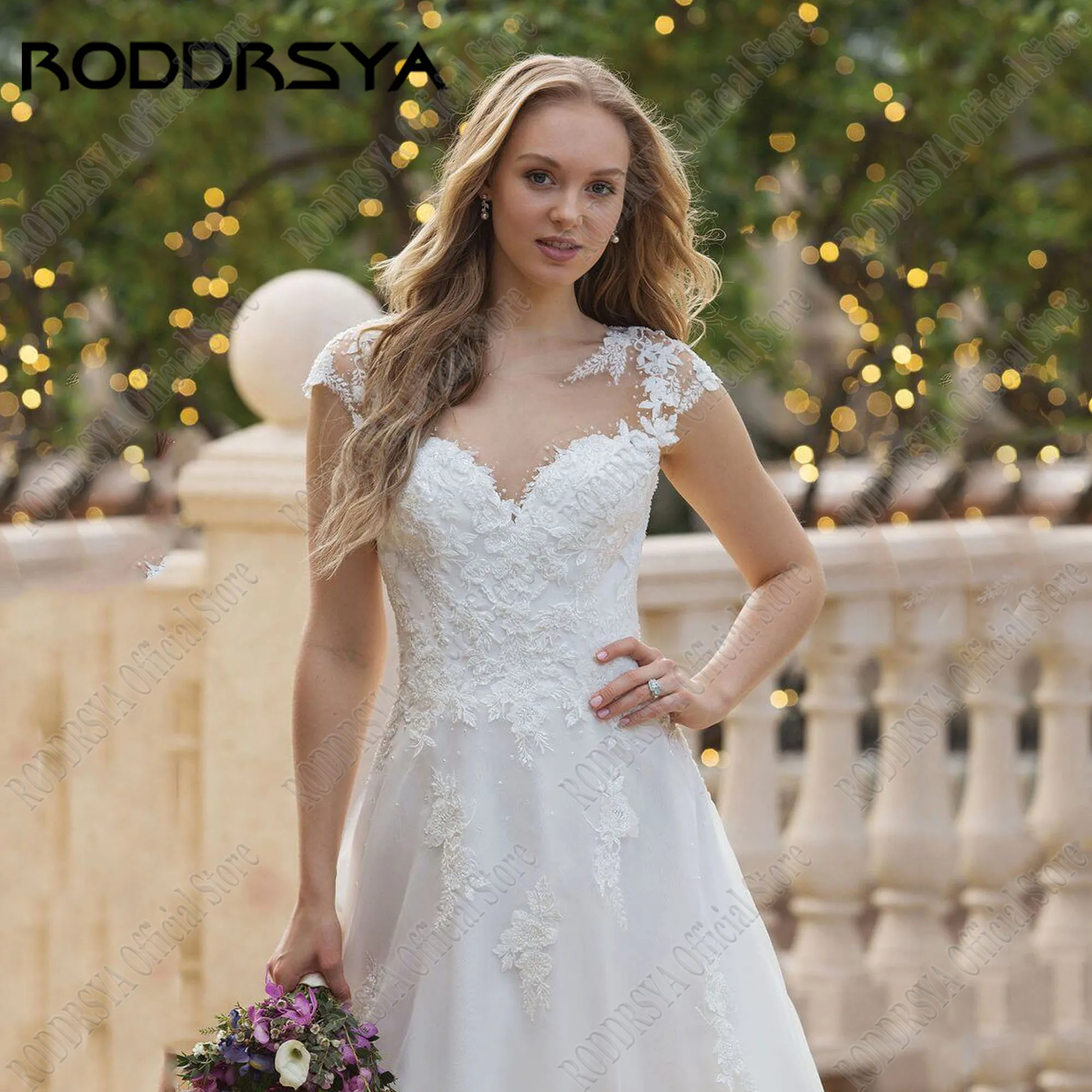 RODDRSYA Tulle Wedding Dress O Neck Cap Sleeve A-line Lace Appliques Bride Gowns Customized Boho Bride Dress vestidos de novia