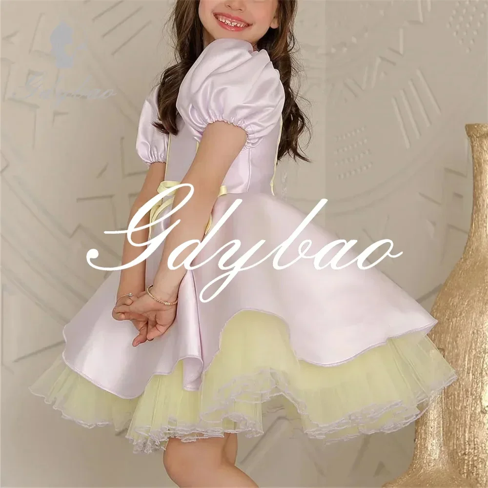 

Elegant Satin Customized Flower Girl Dress For Wedding Short Sleeve Knee Lenght Kids Birthday Party First Communion Gown