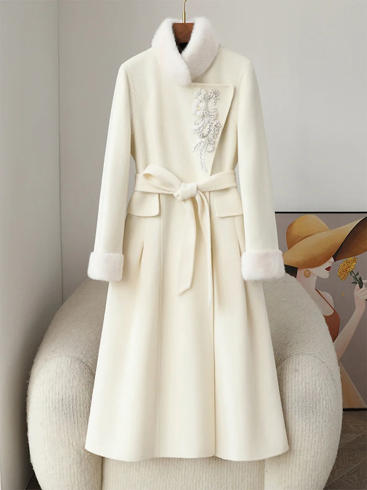 Chaqueta de invierno con puños y cuello de piel de visón Natural para mujer, abrigo de lana de Cachemira para mujer, ropa de calle con flores y perlas, abrigo de piel auténtica