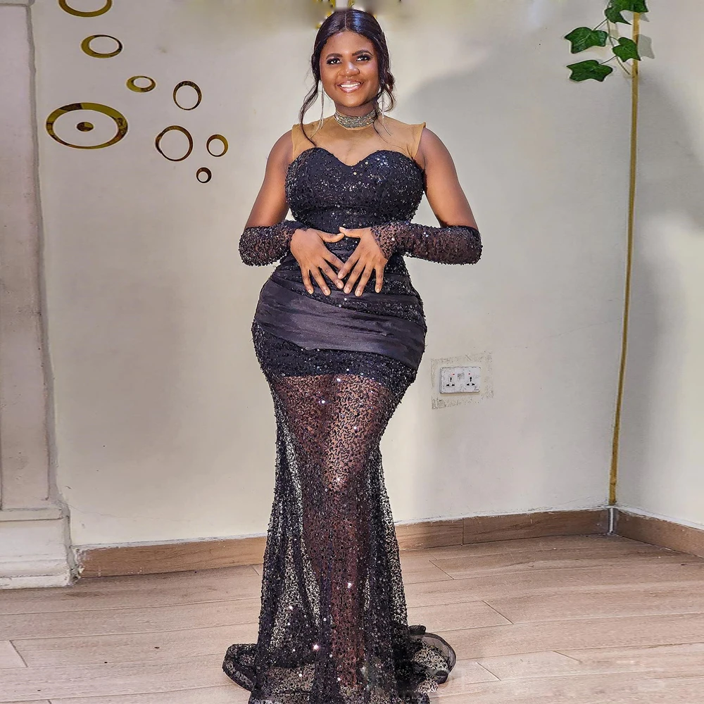 Robe de Rhnoire avec poignées pour femmes, robe de sirène à col transparent, jupe à paillettes pour occasions spéciales, fête d'anniversaire, quoi que ce soit