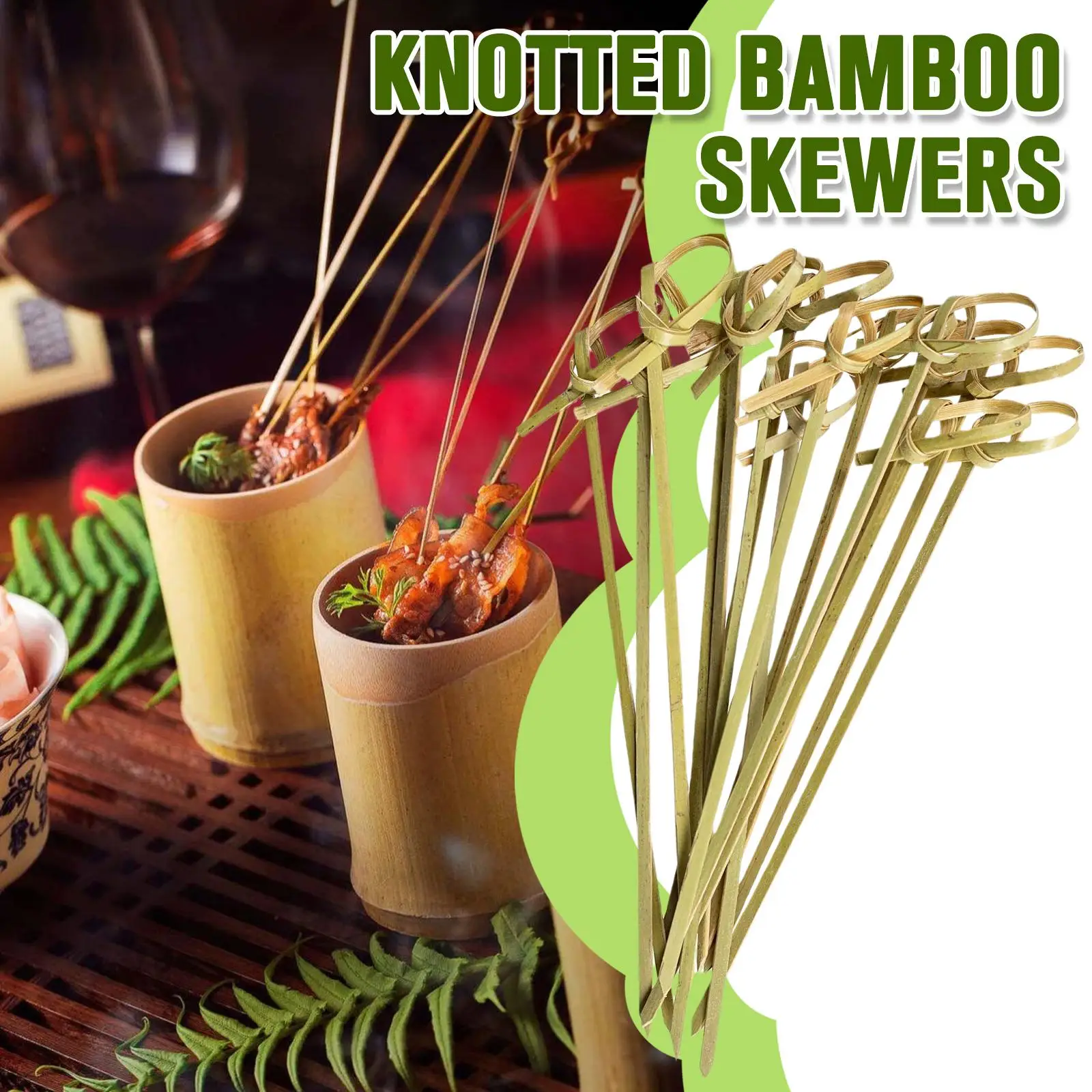 100pcs Disposable Bamboo Knot Skewers Cocktail Picks with Twisted Ends for Snacks Club Sandwiches Party Barbeque forks