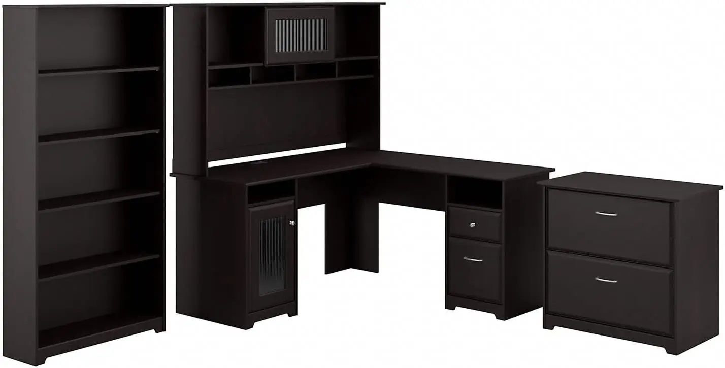 L Shaped Desk with Hutch, 5 Shelf Bookcase and Lateral File Cabinet Cabot Collection Corner Computer Table