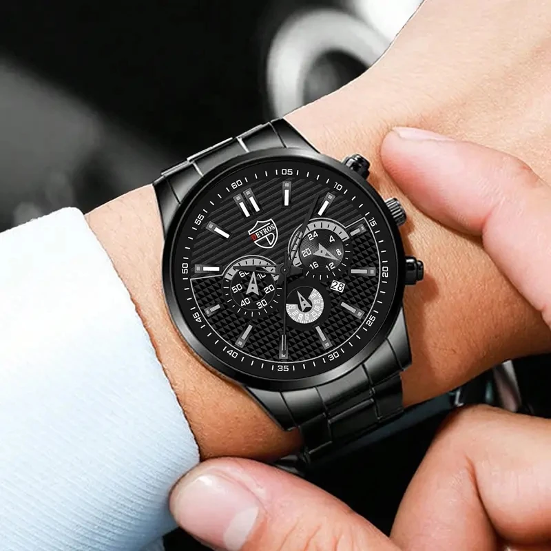 2 個ファッションメンズカジュアルビジネススポーツステンレス鋼クォーツ腕時計カレンダー男性クラシックブレスレットセット