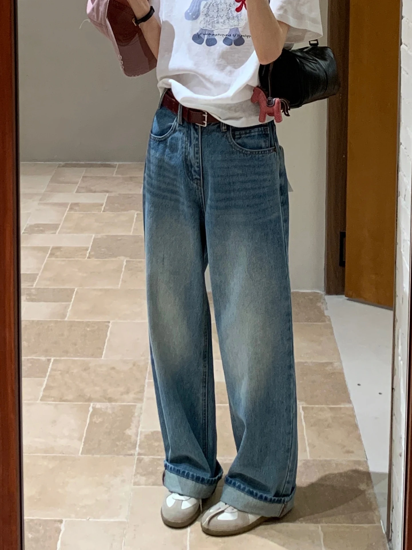 

High Waist Wide Leg Denim Jeans Women's Spring New Sle Faded Waed Belted Blue Korean Sle Slimming Straight Cut Pants