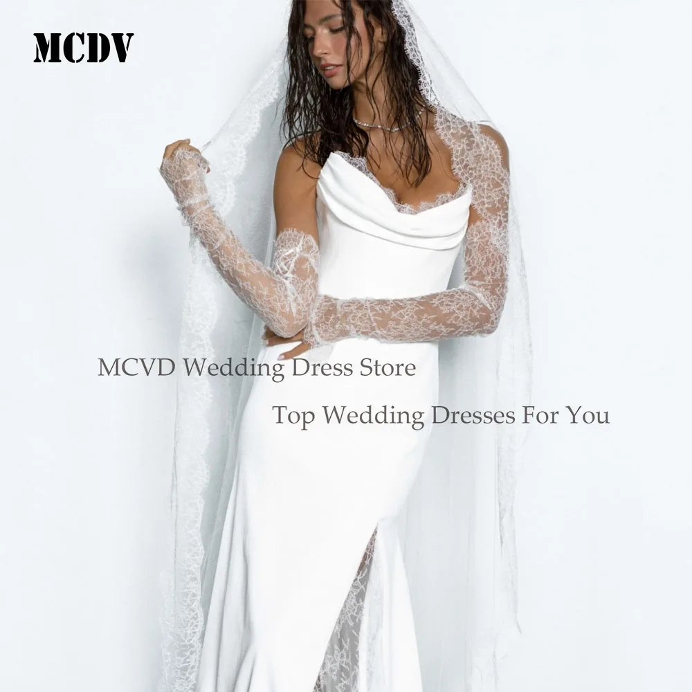 MCDV Elegante Meerjungfrau Braut Kleider Für Frauen Abnehmbare Ärmel Satin Spitze Hochzeit Party Kleider Side Split Braut Kleid Angepasst