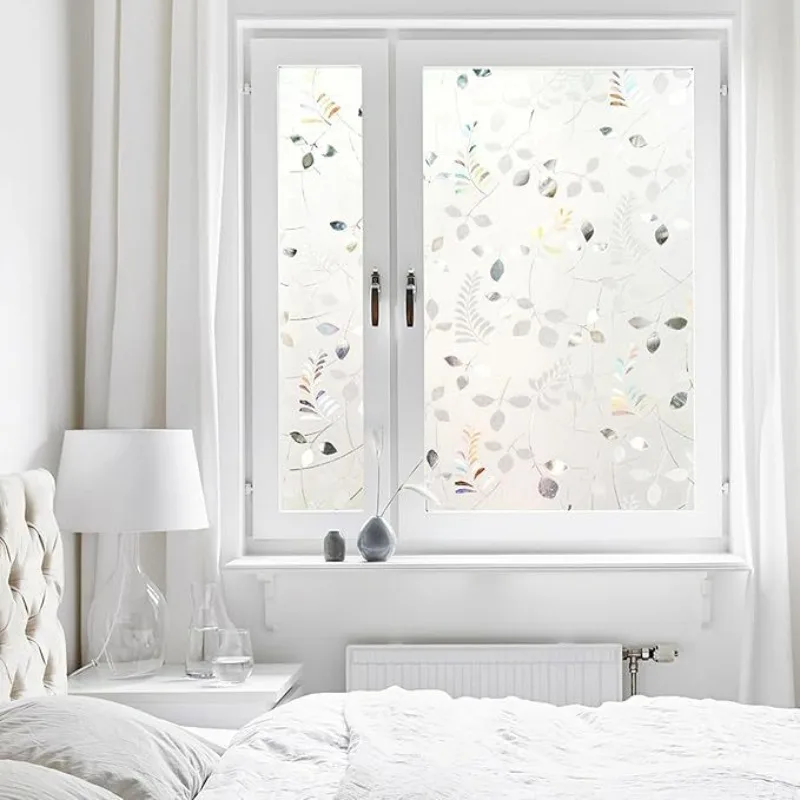 3D Leaf Pattern Frosted Privacy Window Film Static Cling No Glue Sun Block Heat Control Removable for Bathroom Balcony Glass