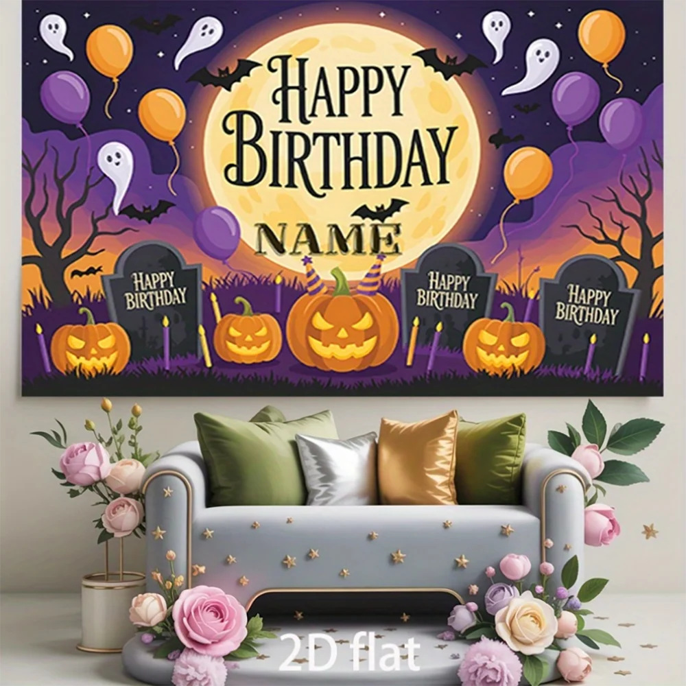 1pc Happy Birthday Halloween Backdrop Customizable Spooky Pumpkin Ghost Party Banner Decor
